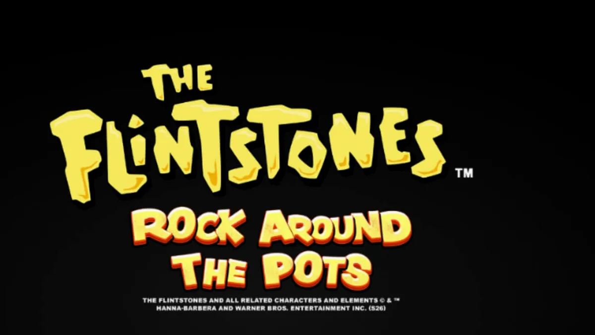 The Flintstones: Rock Around The Pots slot game screen showing Bedrock characters and cash symbols.